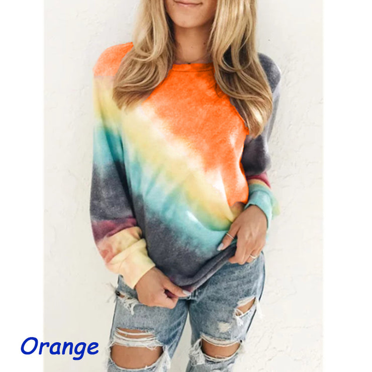 Fashion Tie Dye Rainbow Casual Long Sleeve T-shirt for Women