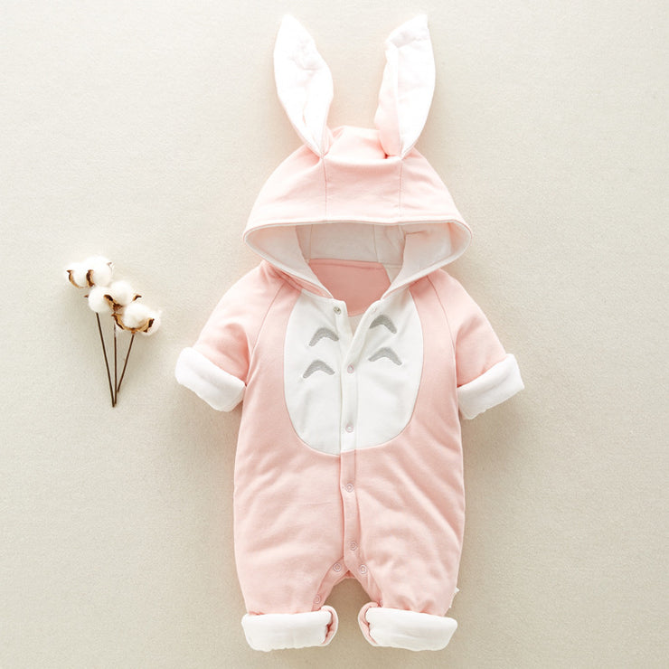 The new cotton padded cotton baby romper thickened chinchilla hooded cotton baby Onesies newborn go climbing clothes