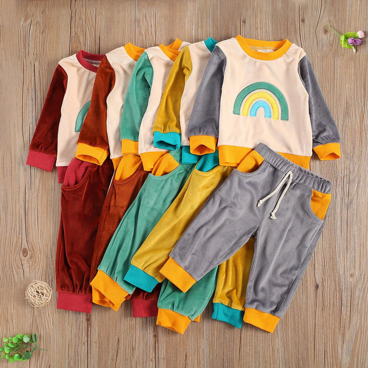Rainbow Patchwork Pullover Long Sleeve T-Shirt Tops Elastic Lace-up Long Pants 2Pcs Outfits