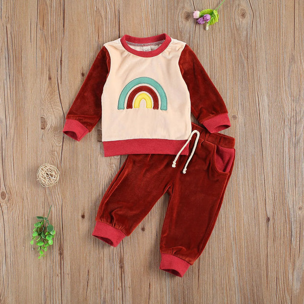 Rainbow Patchwork Pullover Long Sleeve T-Shirt Tops Elastic Lace-up Long Pants 2Pcs Outfits