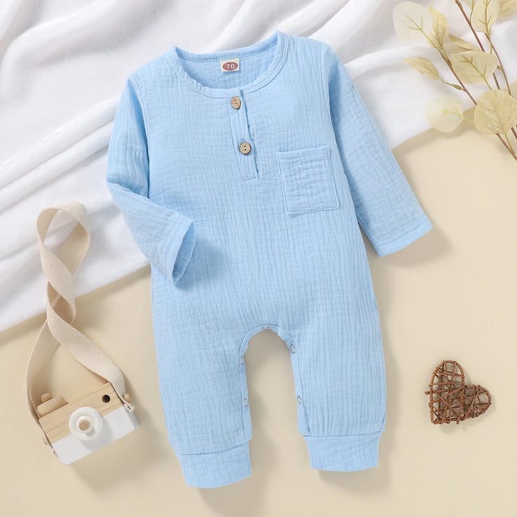 Clothes For Newborns 2021 Autumn Casual Baby Jumpsuit Solid Color Long Sleeve O-neck Romper With Pocket Cotton Clothing 0-18M
