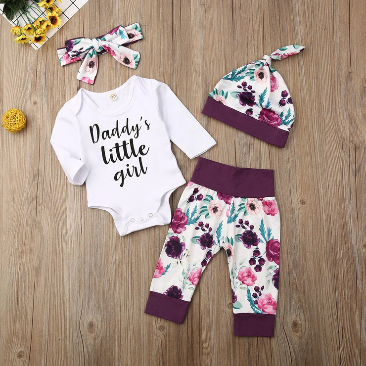 Pudcoco Newborn Baby Girl Clothes Long Sleeve Letter Romper Tops Flowe Print Long Pants Headband Hat 4Pcs Outfits Clothes