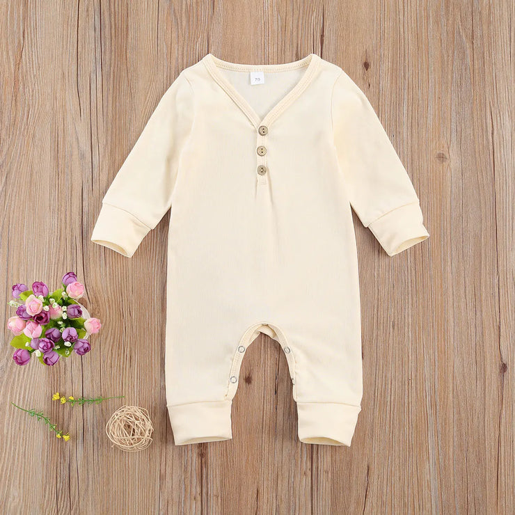 Emmababy Newborn Baby Clothes Autumn Fresh Solid Color Button Long Sleeve Romper Jumpsuit Outfit Cotton Baby Clothes