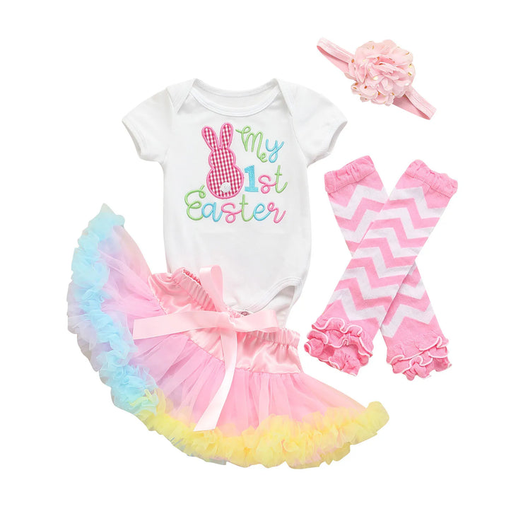 Infant Baby Girl Easter Clothes Set, Embroidered Short-sleeved Jumpsuit + Colorful Ruffled Tulle Skirt + Leg Warmer + Headband