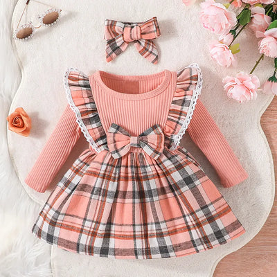 Dress For Kids 3 Months - 3 Years old Style Fashion Long Sleeve Red Grid Princess Formal Dresses Ootd For Baby Girl