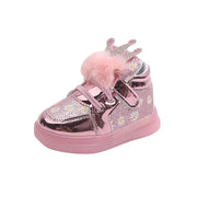 Girls Glowing Sneakers with LED Light Fashion Soft Fluffy Bow-knot with Crown Princess Flowers Children Glitter Luminous Shoes
