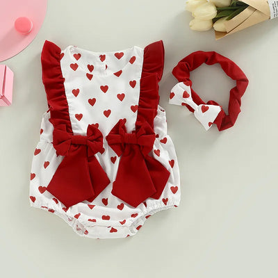 New Fashion Baby Girls Valentines Day Outfits Sleeveless Bow Front Heart Print Romper With Headband Set 3-24 Months