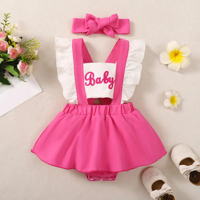 Infant/Toddler Summer Fashion Pink Creeper Dress Including Hair Accessories