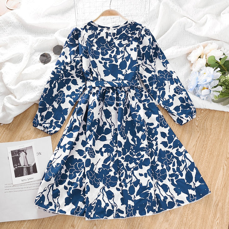 Spring And Autumn Girls' Skirt Round Neck Long Sleeve Print Belt Dress Floral Polyester Casual Style Fashionable And Comfortable