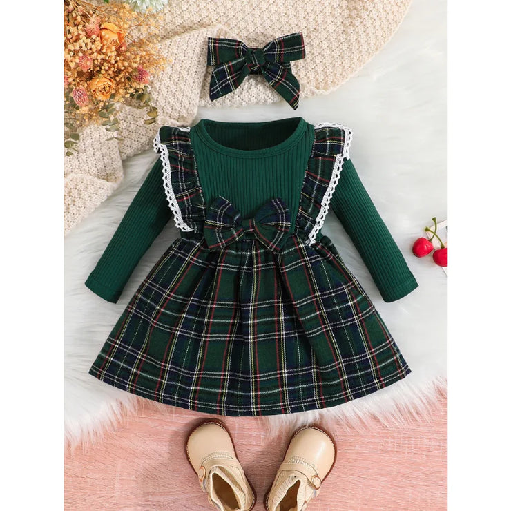 Dress For Kids 3 Months - 3 Years old Style Fashion Long Sleeve Red Grid Princess Formal Dresses Ootd For Baby Girl
