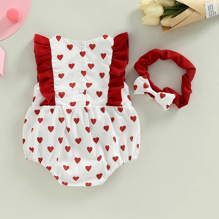 New Fashion Baby Girls Valentines Day Outfits Sleeveless Bow Front Heart Print Romper With Headband Set 3-24 Months