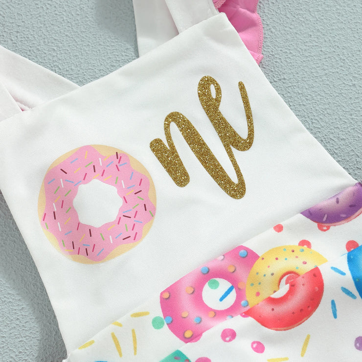 New Baby Girls Summer Casual Romper Sleeveless Ruffle Donut Print Playsuit With Headband Hot Sale