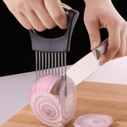 Food Slice Assistant Kitchen Cutting Tool Durable Onion Cutting Holder with Comfortable Handle Stainless Steel Onion Needle