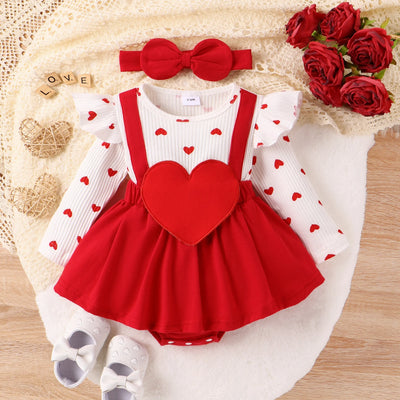 New Baby Girls Valentine'S Day Romper Dress Long Sleeve Ruffle Heart Letter Print Romper With Headband 0-18 Months Hot Sale