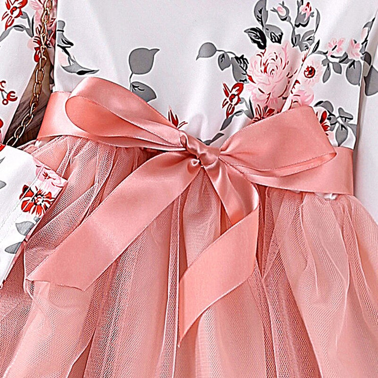 Dress Kids Girls 4-7 Years Little Girl's Long Sleeve Dress With Pink Floral Mesh Princess Baby Girl Dress