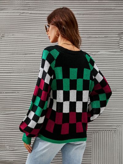 Checkered V-Neck Lantern Sleeve Sweater