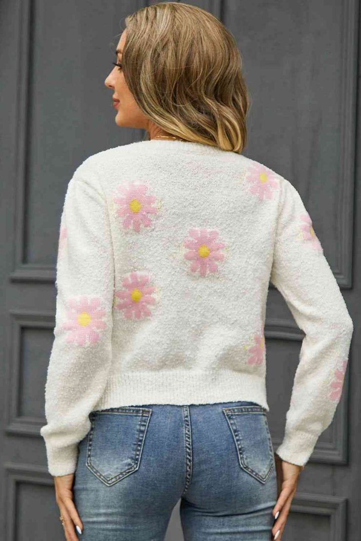 Flower Pattern Round Neck Short Sleeve Pullover Sweater