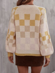 Checkered V-Neck Lantern Sleeve Sweater